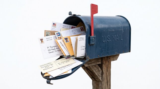 Overflowing Blue US Mailbox Filled With Letters and Postcards on White Background