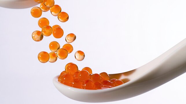 Molecular Gastronomy, Orange Caviar Spheres Floating Above a Ceramic Spoon in a Bright Restaurant Kitchen, Molecular Cuisine, Creative Fine Dining