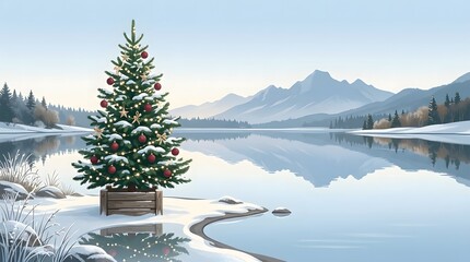 Fototapeta premium Festive Christmas tree on a snowy lakeside, adorned with ornaments, reflecting in calm waters amidst majestic winter mountains, creating a serene holiday scene