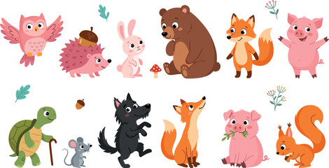 Obraz premium Cute Cartoon Woodland Forest and Farm Animal Vector Illustration Set Featuring Bear, Fox, Owl, Squirrel, Wolf, Hedgehog, and Pig Isolated on a Solid White Background
