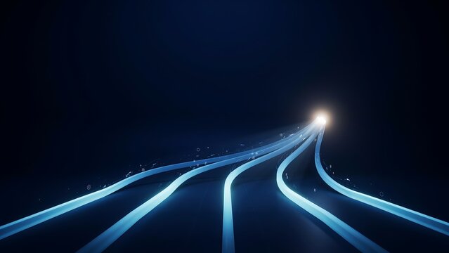 Three glowing blue light trails converging into a single bright point of light in a dark and empty digital environment space.