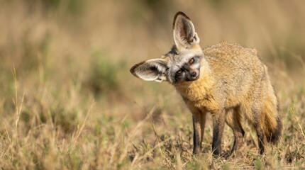 Fototapeta premium Bat-eared Fox Curiosity: A bat-eared fox with its characteristic large ears tilted curiously towards the viewer, stands in a dry, grassy savanna.
