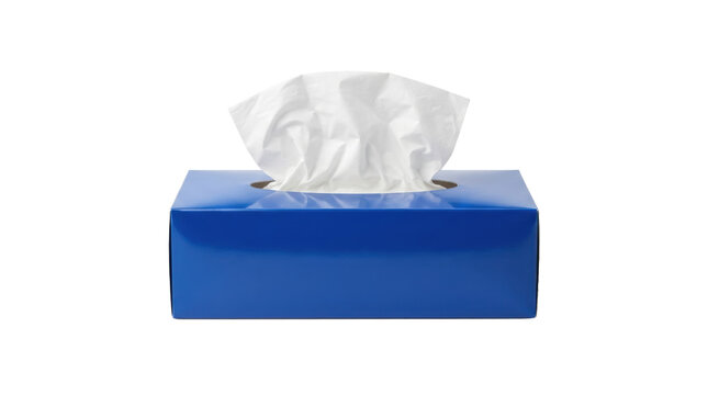 Blue tissue box with white tissues emerging from slot, isolated on white background