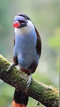 Collared Aracari Eating a Berry on a Mossy Branch