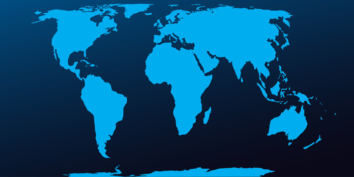 Equal Earth projection world map on a dark background. Flat blue silhouette. Global business vector