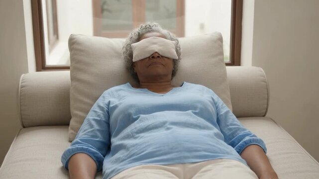 Senior Woman Resting On Daybed With Eye Pillow
