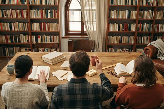 Three people sitting at a large wooden table in a library with bookshelves, reading books and drinking coffee in a quiet academic environment.