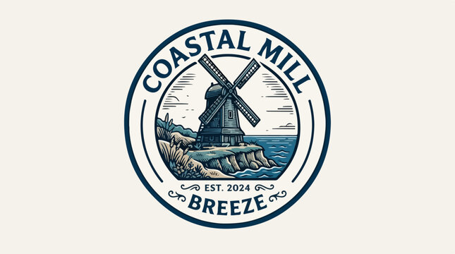Vintage style Coastal Mill logo featuring a windmill by the ocean.