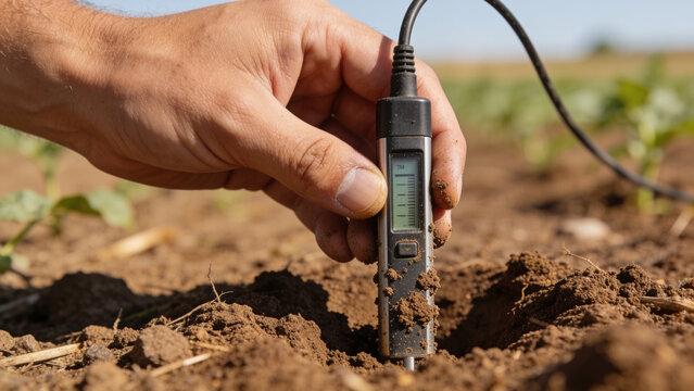 Moisture sensor inserted into soil during field testing for smart farming technology