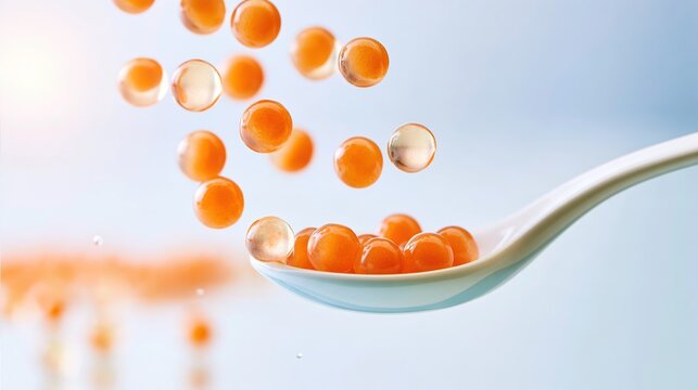 Molecular Gastronomy, Orange Caviar Spheres Floating Above a Ceramic Spoon in a Bright Restaurant Kitchen, Molecular Cuisine, Creative Fine Dining