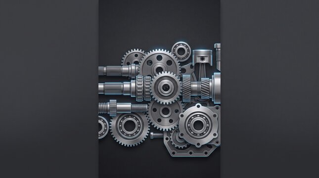 Metallic machine parts including various gears, ball bearings, splined shafts, threaded bolts, and a piston assembly arranged on a dark gray matte background with blue highlights.