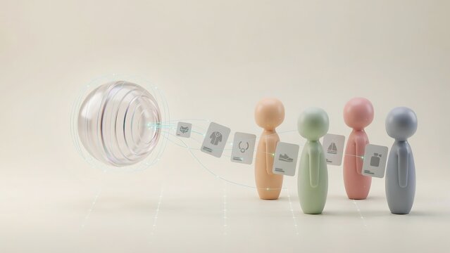 Colorful human shaped figurines connected by thin lines to a transparent sphere with floating on a light beige studio background