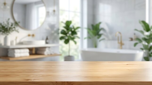 Wooden Table Top Surface in Modern Bathroom Interior for Product Display Mockup with Blurred Spa Background Scene.
