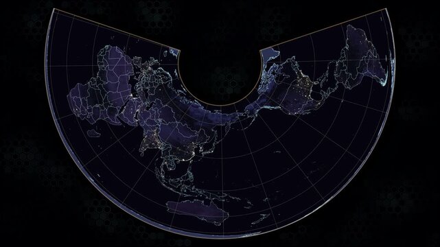 Albers equal-area conic projection world map. Rotating Earth with night lights. Glowing country borders and graticule. Animated hexagonal background. Seamless loop. 4K resolution. Night view.