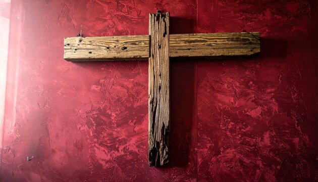 Rustic wooden cross on a textured red background.