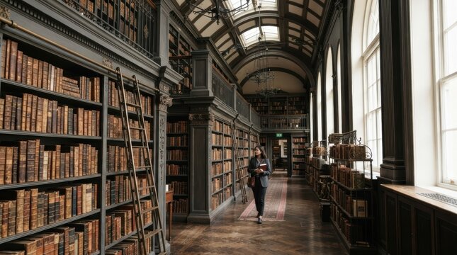 Grand Library Hallway: A lone individual walks down a long, antique hallway lined with towering bookshelves filled with ancient tomes, sunlight streaming through arched windows.