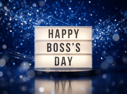 Light box with the text happy bosss day on a dark blue background with bokeh lights and reflections, celebratory concept for professional appreciation