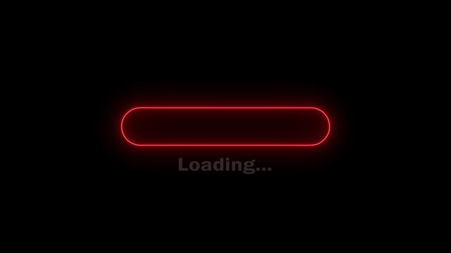 glowing red neon loading bar progress animation on dark background for ui ux interface. neon red loading bar animation with loading text for digital app display ui indicator.