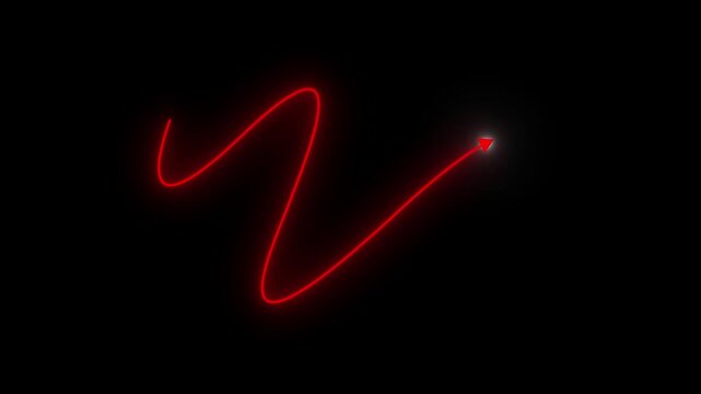 glowing red neon arrow moving along zigzag path light trail motion graphic. neon red arrow line path pointer element for business presentation and ui.