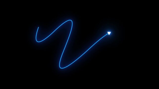 glowing blue neon arrow moving in zigzag curve path motion graphic element. modern glowing blue arrow curve line pointer motion background video loop.