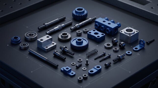 Array of precision machined industrial components including blue anodized gears, steel ball bearings, threaded bolts, and mechanical shafts arranged on a dark technical surface.