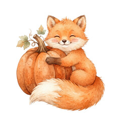 Fototapeta premium Adorable Fox Hugging Pumpkin: A cute, cartoonish fox with a happy, smiling face and bright orange fur lovingly embraces a large, round pumpkin, embodying the spirit of autumn and harvest season.