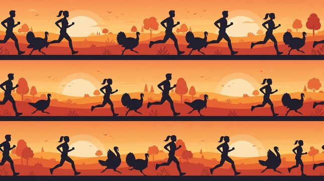 Thanksgiving Turkey Trot Marathon Silhouette Seamless Pattern Background
