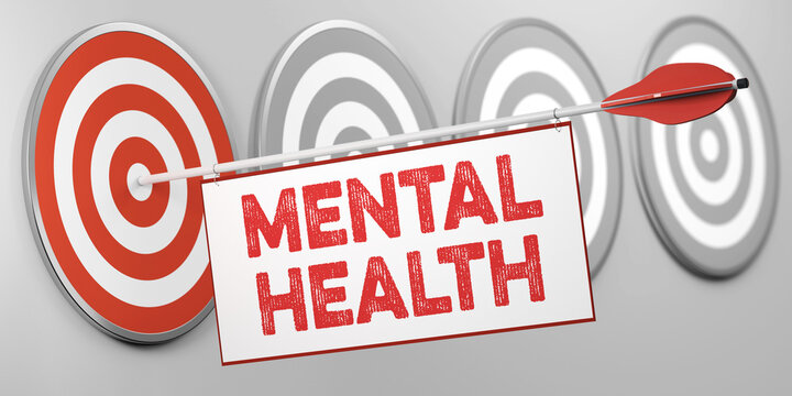 Pfeil in roter Zielscheibe mit Schriftzug &bdquo;Mental Health&ldquo; als Konzept f&uuml;r psychische Gesundheit