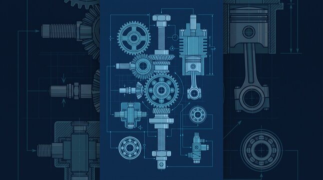 Technical engineering blueprint on blue background featuring mechanical components like gears, pistons, connecting rods, ball bearings, and bolts with dimension lines and schematic annotations.