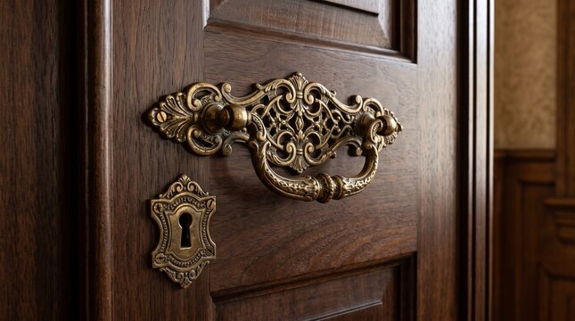 Charming antique door handle with keyhole on a rustic wooden door