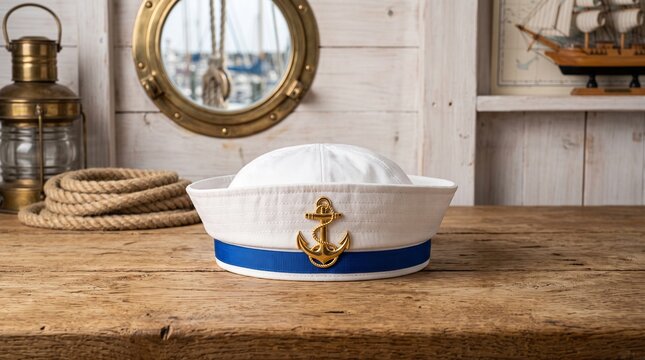 Nautical captain's hat resting on a wooden table surrounded by decor