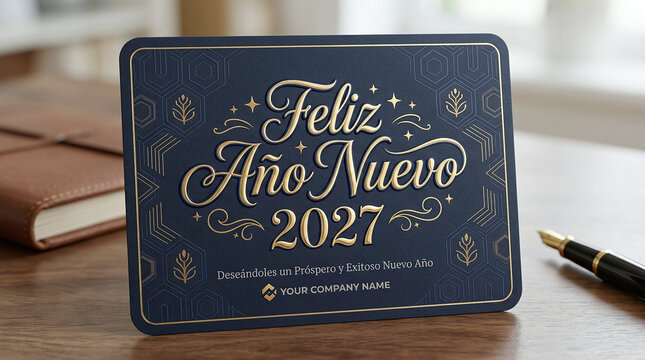 Elegant feliz ano nuevo 2027 gold calligraphy greeting card on wooden desk