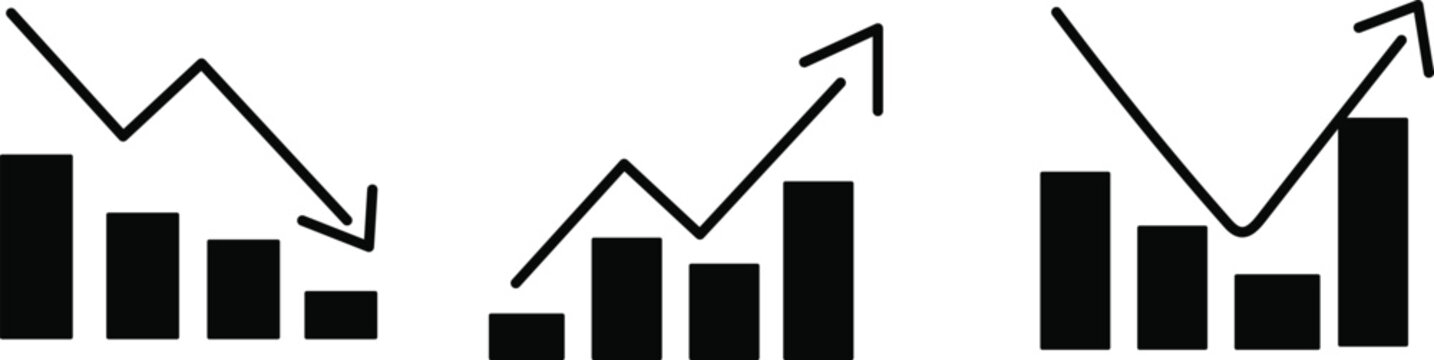 Business growth chart collection. Financial statistics vector icons. Bar graphs with arrows showing increase or decrease trend analysis for reports