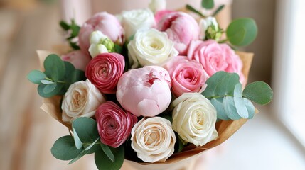 Obraz premium Fresh and Beautiful Floral Bouquet with Pink Roses, White Roses, and Green Eucalyptus Leaves Perfect for Any Occasion or Celebration