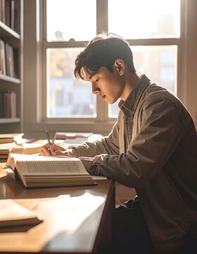 Young Man Studying At A Desk With Books In Natural Light
