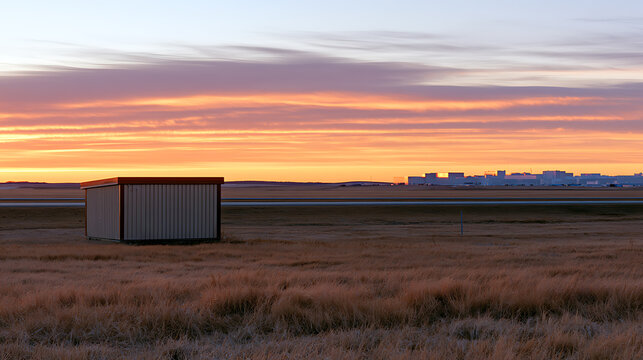 A solitary small storage shed sits in a vast open field during a serene sunset with dramatic colorful clouds filling the evening sky