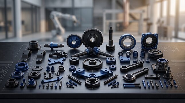 Collection of precision engineered metal machine parts, including gears, bearings, shafts, and bolts, arranged on a technical schematic surface within a modern automated factory.