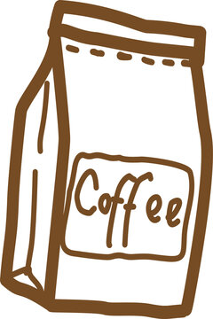 Hand-drawn brown line art illustration of a standing coffee bean bag with a folded top, side gusset, stitched detail, and coffee label. Minimal packaging doodle isolated on a transparent background 