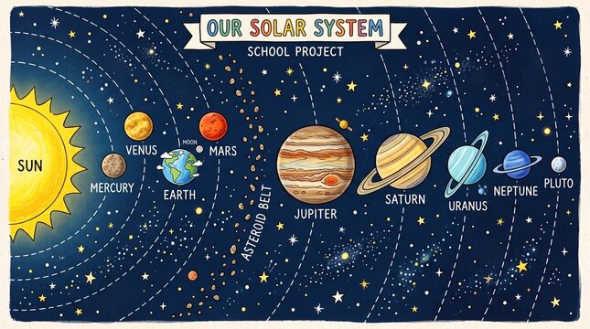 Educational Illustration of the Solar System with Planets Orbiting the Sun in Space