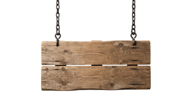 Rustic wooden sign with weathered texture hanging from metal chains on white background