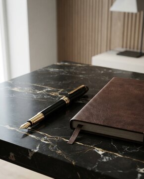 Fountain pen and leather notebook on a dark marble desk in a luxury office