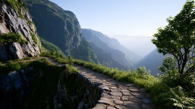 A narrow stone path winds along a steep cliffside  overlooking a vast valley with layered mountain ranges under a clear sky