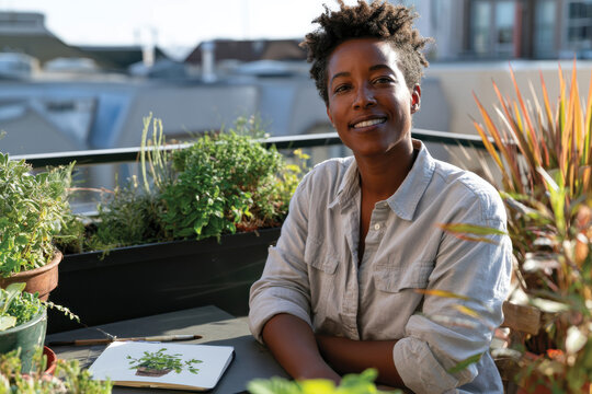A content woman smiles brightly as she sits on a green terrace filled with plants, showcasing a deep connection with nature, happiness, and a serene lifestyle.