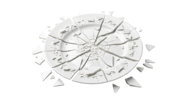 Broken white ceramic plate shattered into fragments on isolated white background