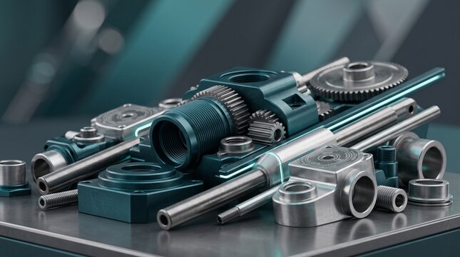 High-precision metallic machine components including gears, threaded rods, cylindrical bearings, and CNC machined steel blocks arranged on an industrial workbench for mechanical assembly.