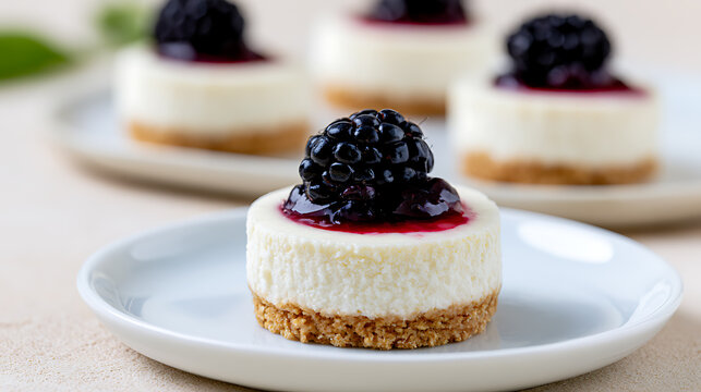 Delicious mini cheesecakes topped with fresh blackberry Rubus fruticosus fruit and compote served on white plates for gourmet dessert