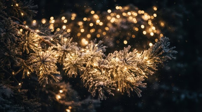 Merry Christmas Evergreen pine branch covered in snow with shimmering warm fairy lights against dark background for Merry Christmas Day theme