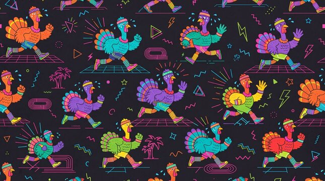 Retro 80s neon running turkeys seamless pattern for Thanksgiving trot