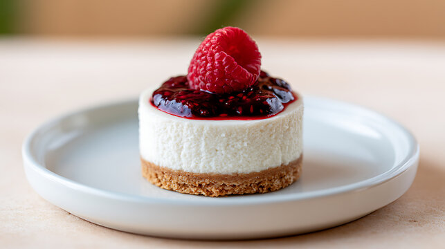Delicious mini cheesecake dessert topped with fresh red raspberry fruit and sweet jam glaze on a white ceramic plate for gourmet food menu