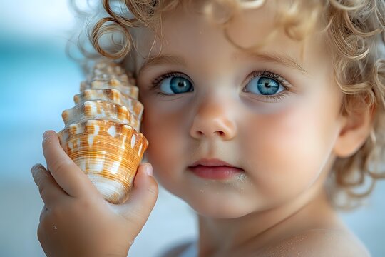 Young toddler with curly blonde hair and blue eyes holding seashell to ear at beach, listening with wonder and curiosity during summer vacation